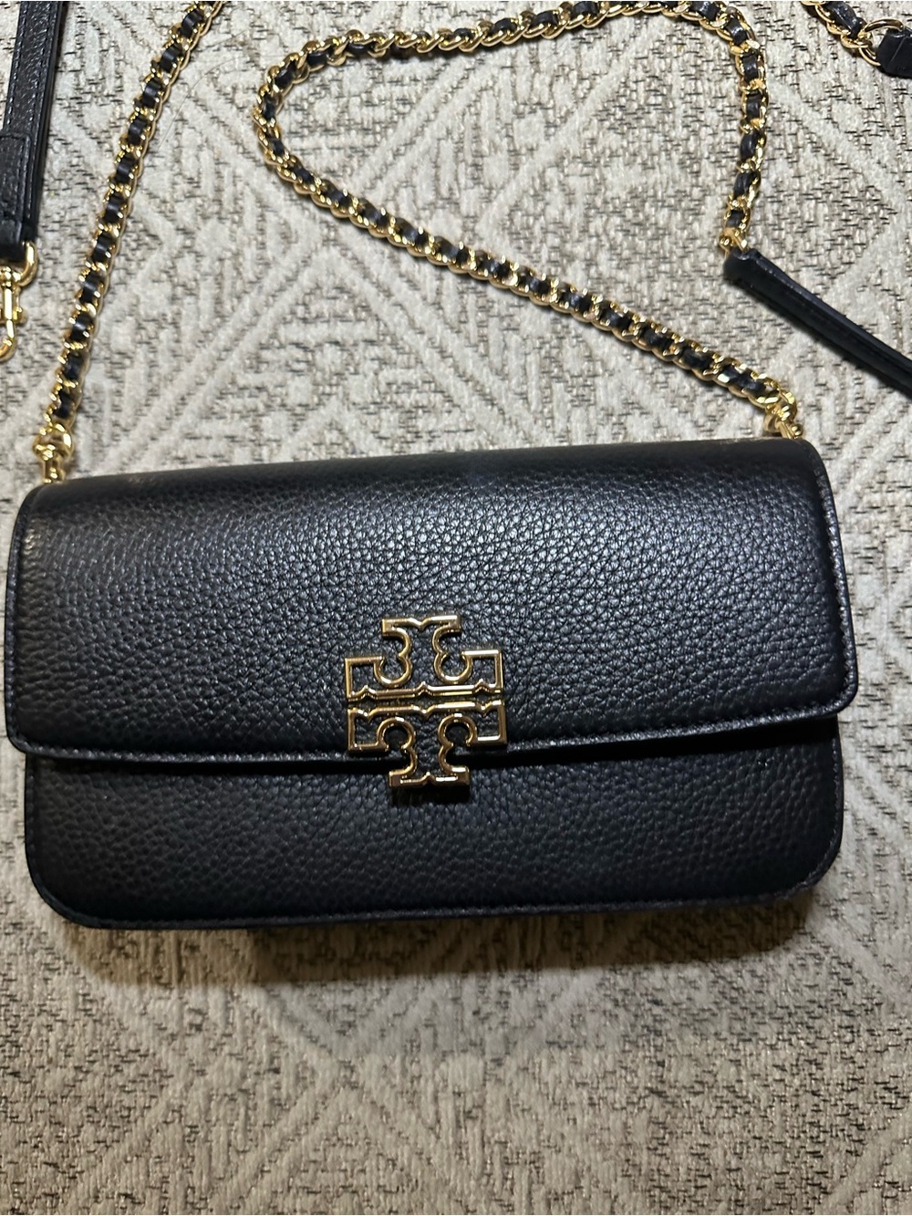 Tory Burch Black Pebbled Leather Chain Crossbody with Gold Hardware
